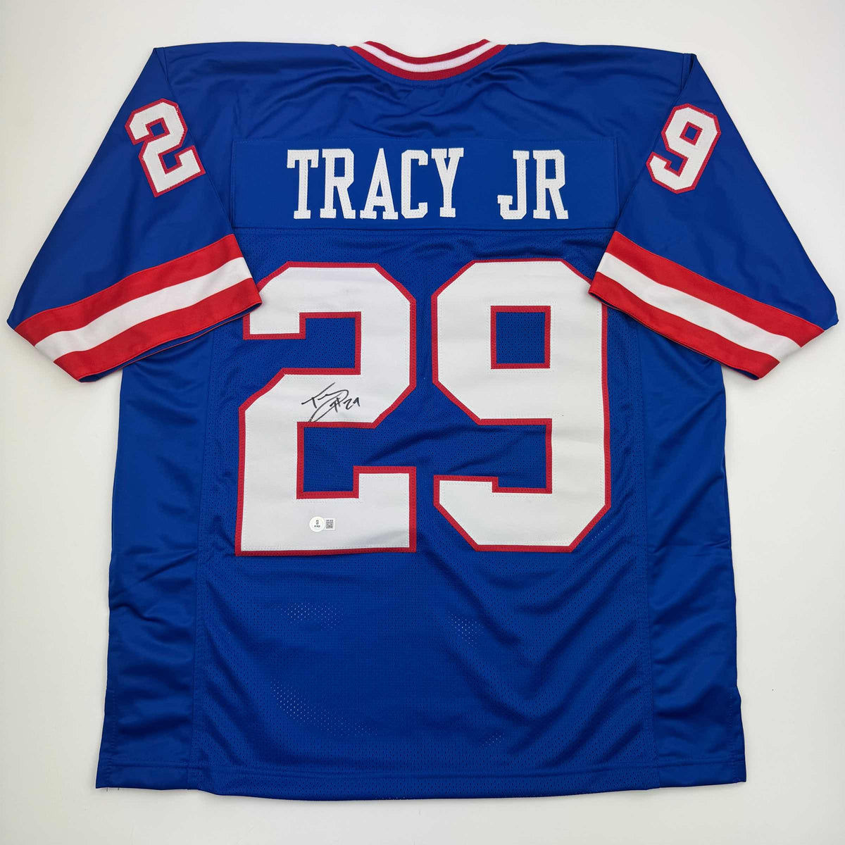Autographed/Signed Tyrone Tracy Jr. New York Blue Football Jersey Beckett BAS COA #2