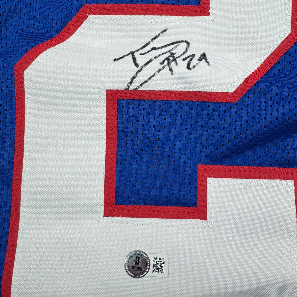 Autographed/Signed Tyrone Tracy Jr. New York Blue Football Jersey Beckett BAS COA #2