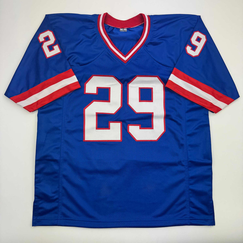 Autographed/Signed Tyrone Tracy Jr. New York Blue Football Jersey Beckett BAS COA #2