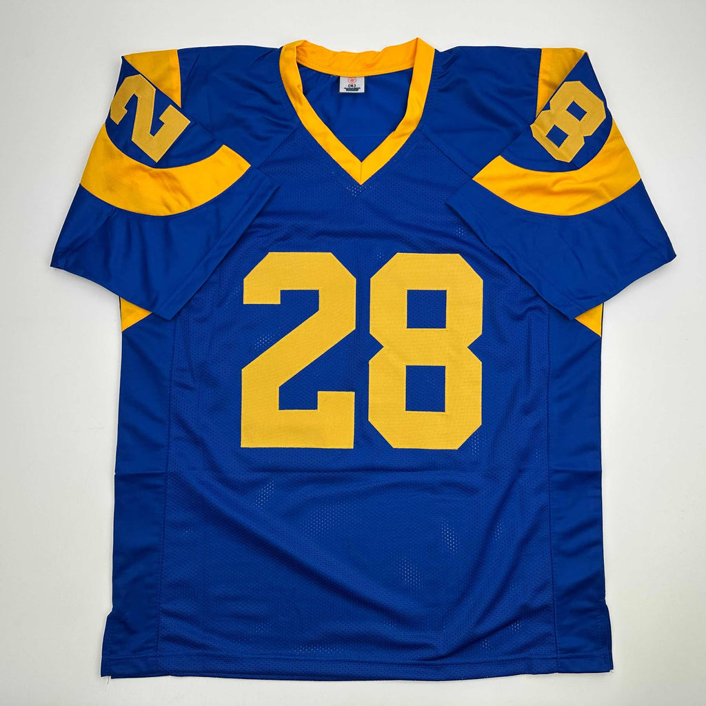 Autographed/Signed Marshall Faulk St. Louis Blue Football Jersey Beckett BAS COA