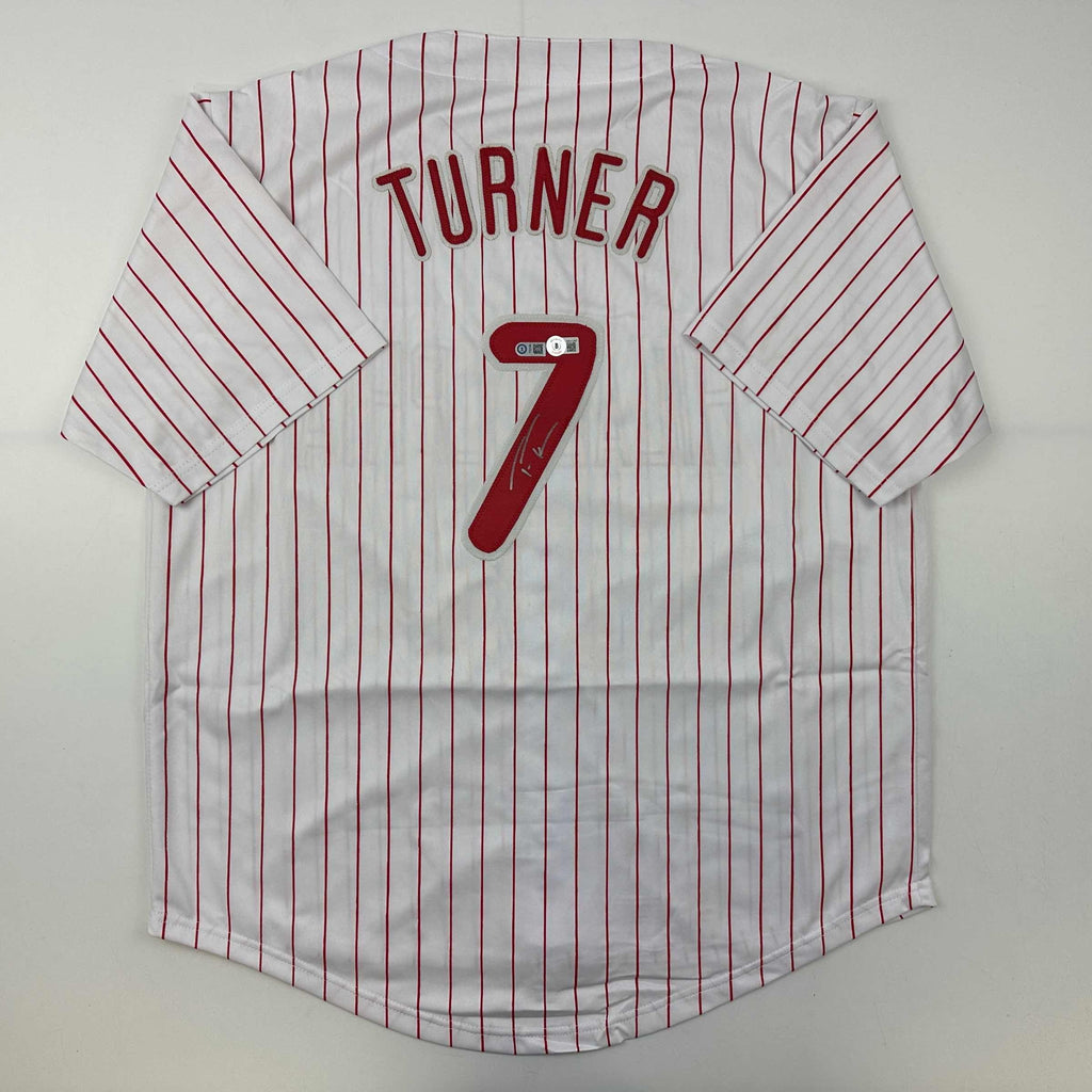 Autographed/Signed Trea Turner Philadelphia Pinstripe Baseball Jersey Beckett BAS COA