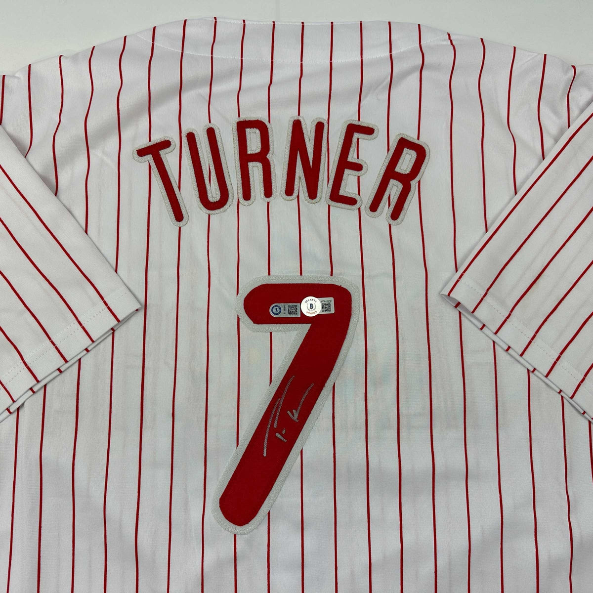 Autographed/Signed Trea Turner Philadelphia Pinstripe Baseball Jersey Beckett BAS COA