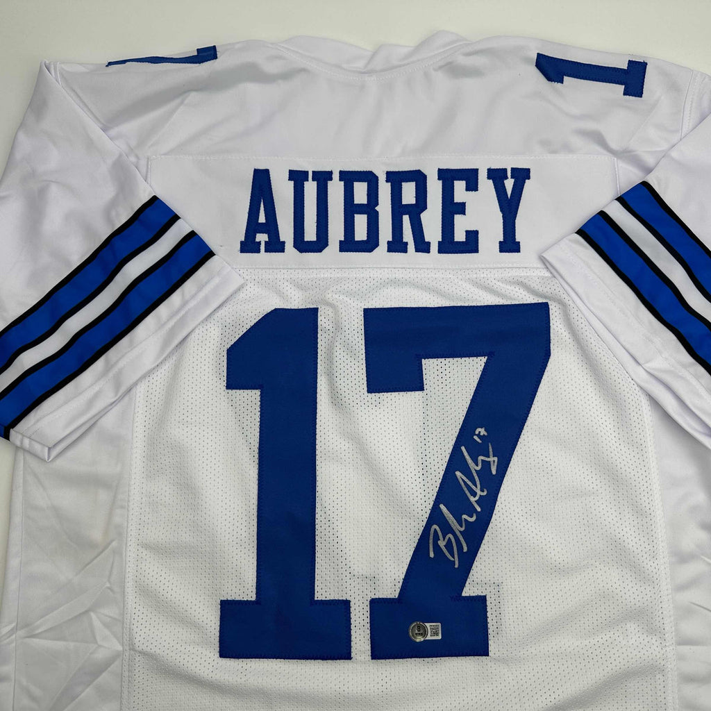 Autographed/Signed Brandon Aubrey Dallas White Football Jersey Beckett BAS COA