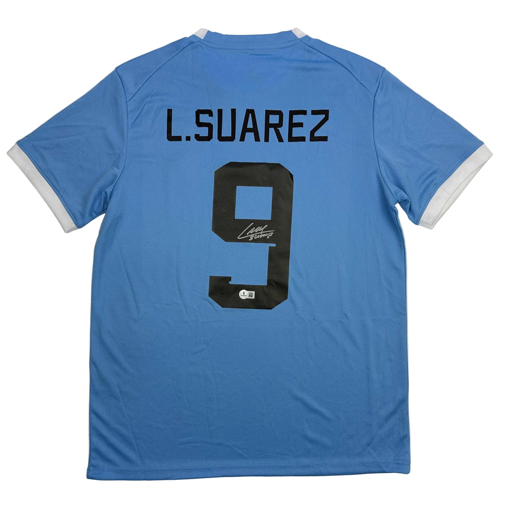Autographed/Signed Luis Suarez Uruguay Blue World Cup Soccer Futbol Jersey Beckett BAS COA