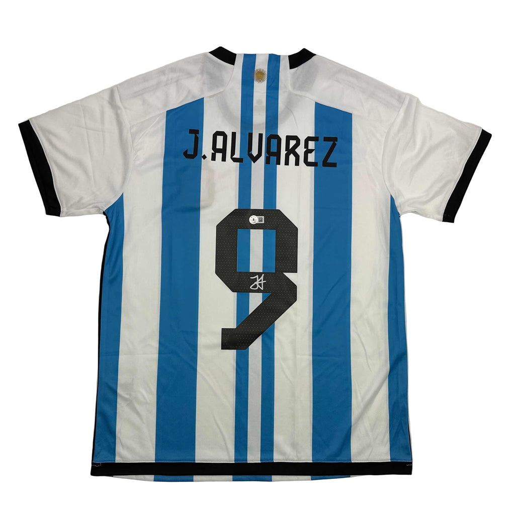 Autographed/Signed Julian Alvarez Argentina Blue/White Soccer World Cup Jersey Beckett BAS COA