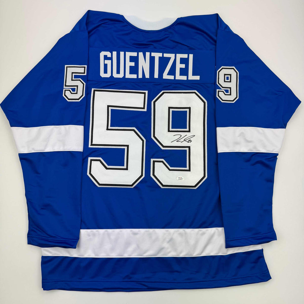 Autographed/Signed Jake Guentzel Tampa Bay Blue Hockey Jersey PSA COA