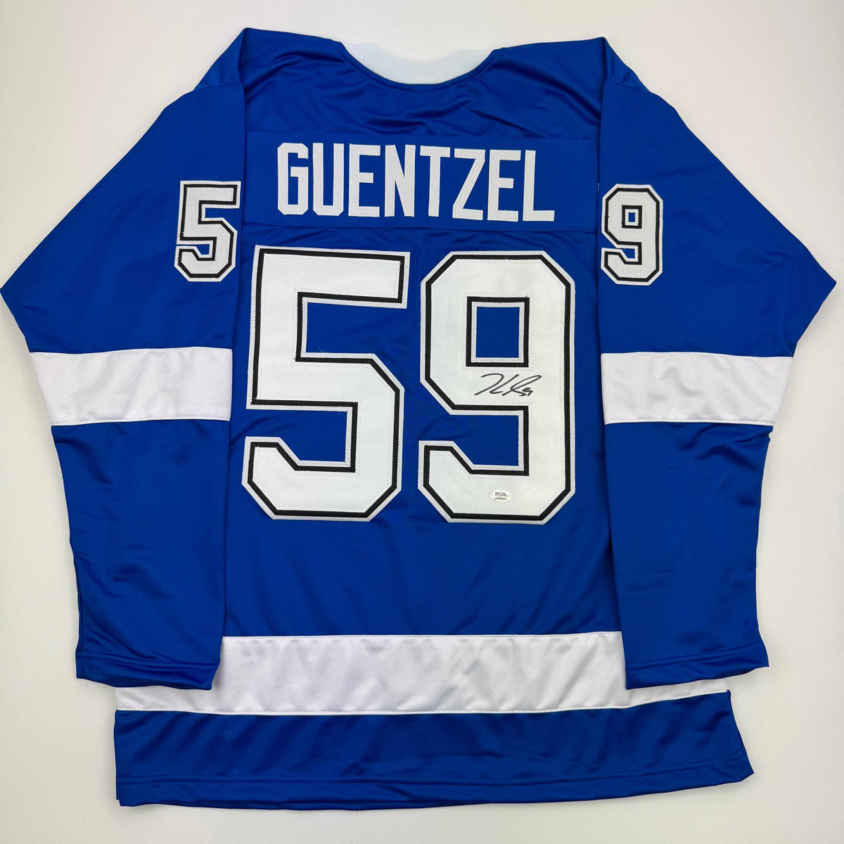 Autographed/Signed Jake Guentzel Tampa Bay Blue Hockey Jersey PSA COA