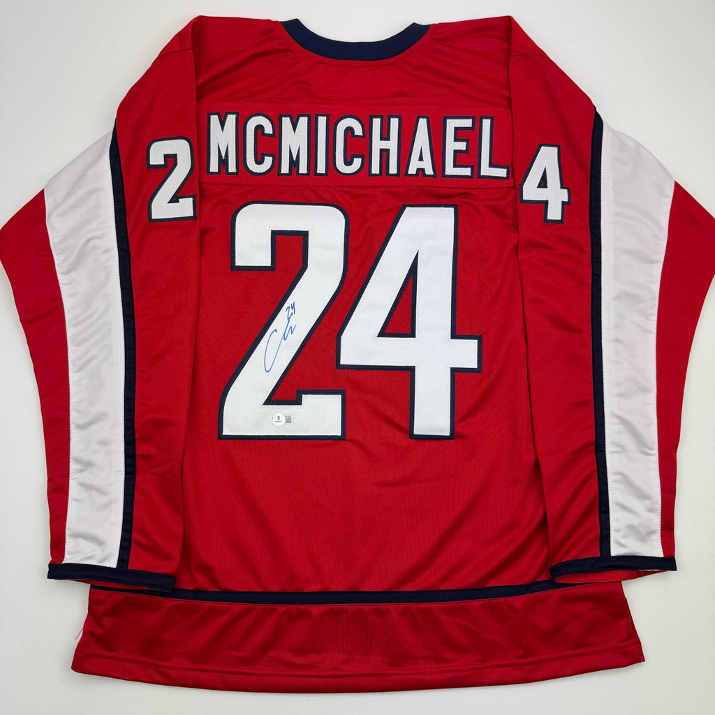 Autographed/Signed Connor McMichael Washington Red Hockey Jersey Beckett BAS COA