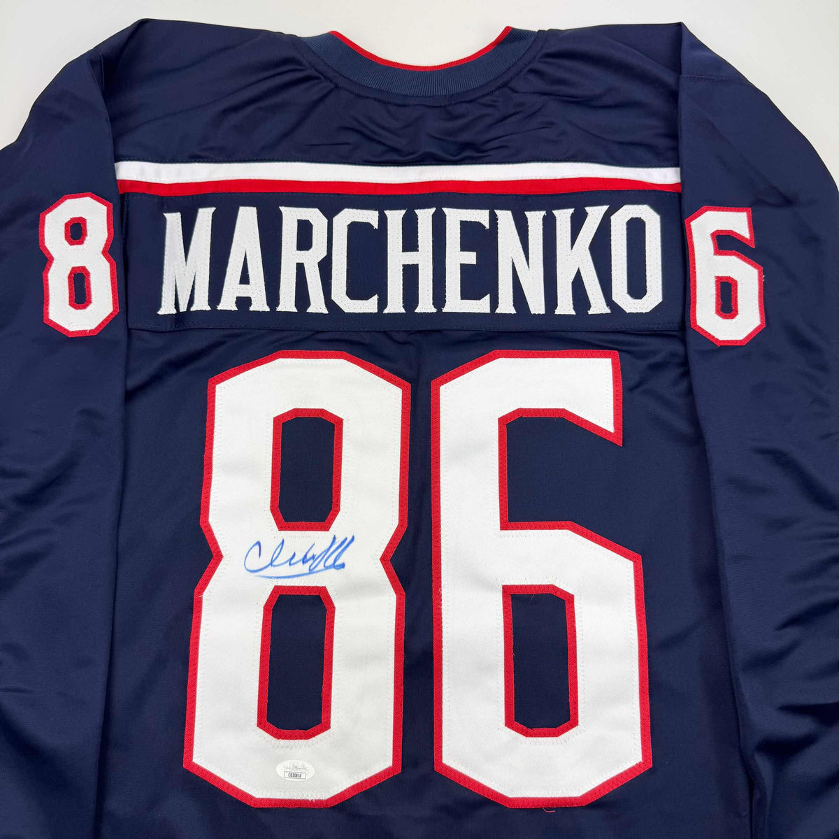 Autographed/Signed Kirill Marchenko Columbus Blue Hockey Jersey JSA COA