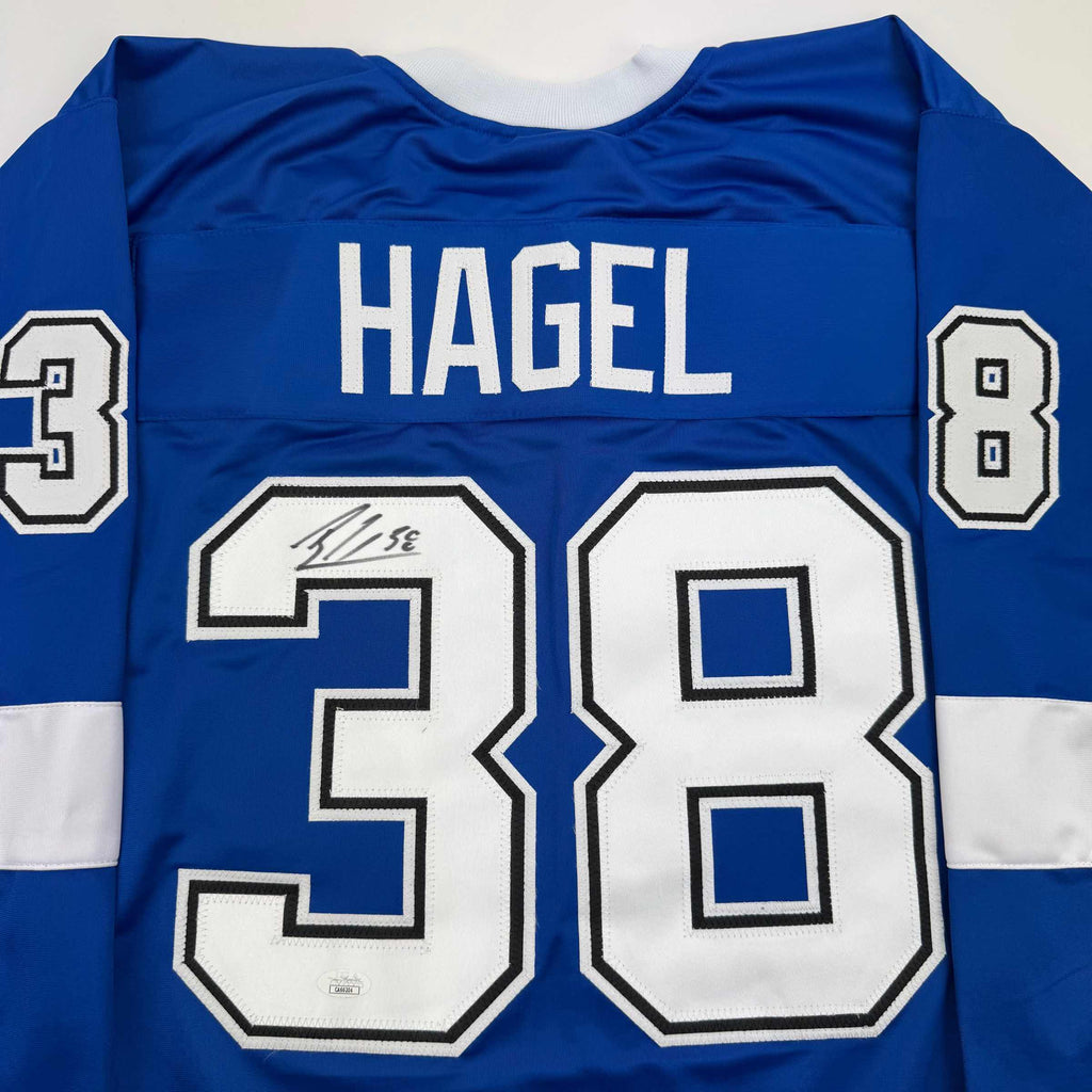 Autographed/Signed Brandon Hagel Tampa Bay Blue Hockey Jersey JSA COA