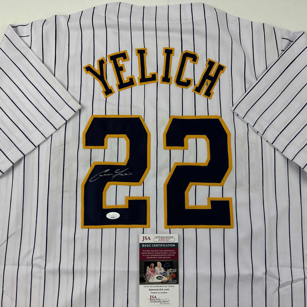 Autographed/Signed Christian Yelich Milwaukee Pinstripe Baseball Jersey JSA COA