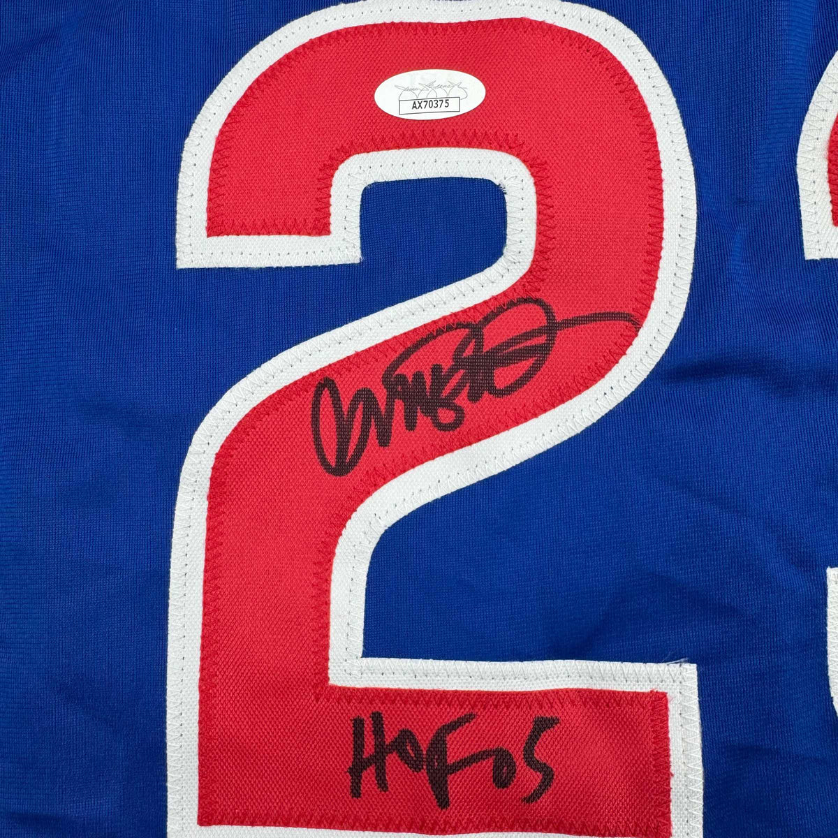 Autographed/Signed Ryne Sandberg HOF 05 Chicago Blue Baseball Jersey JSA COA