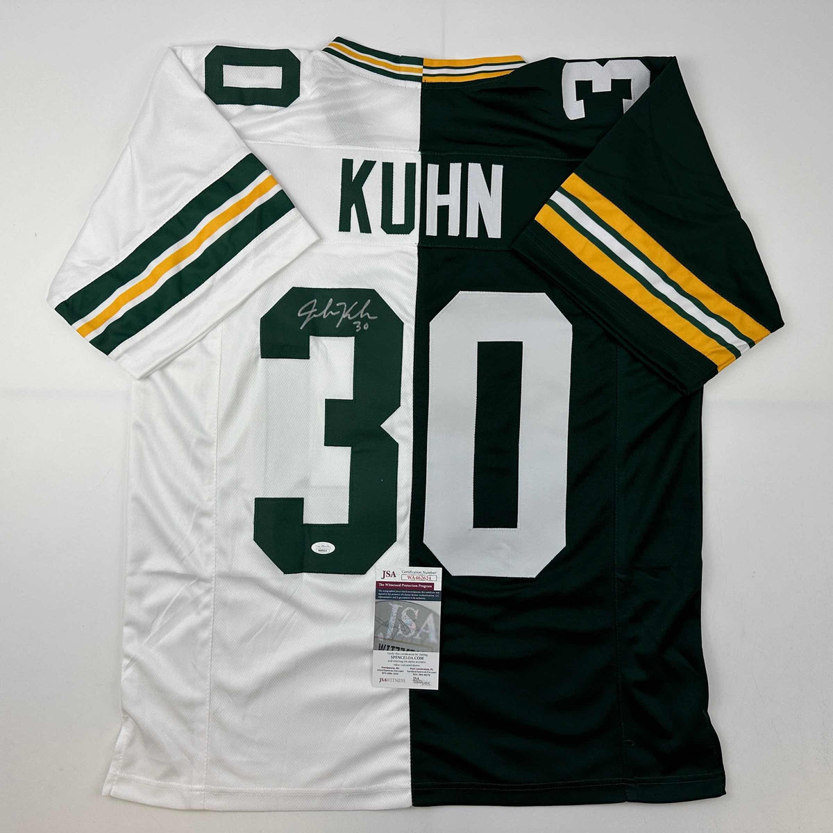 Autographed/Signed John Kuhn Green Bay Split Green/White Football Jersey JSA COA