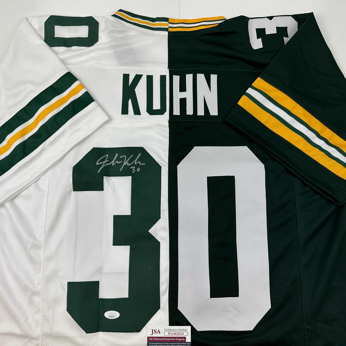 Autographed/Signed John Kuhn Green Bay Split Green/White Football Jersey JSA COA