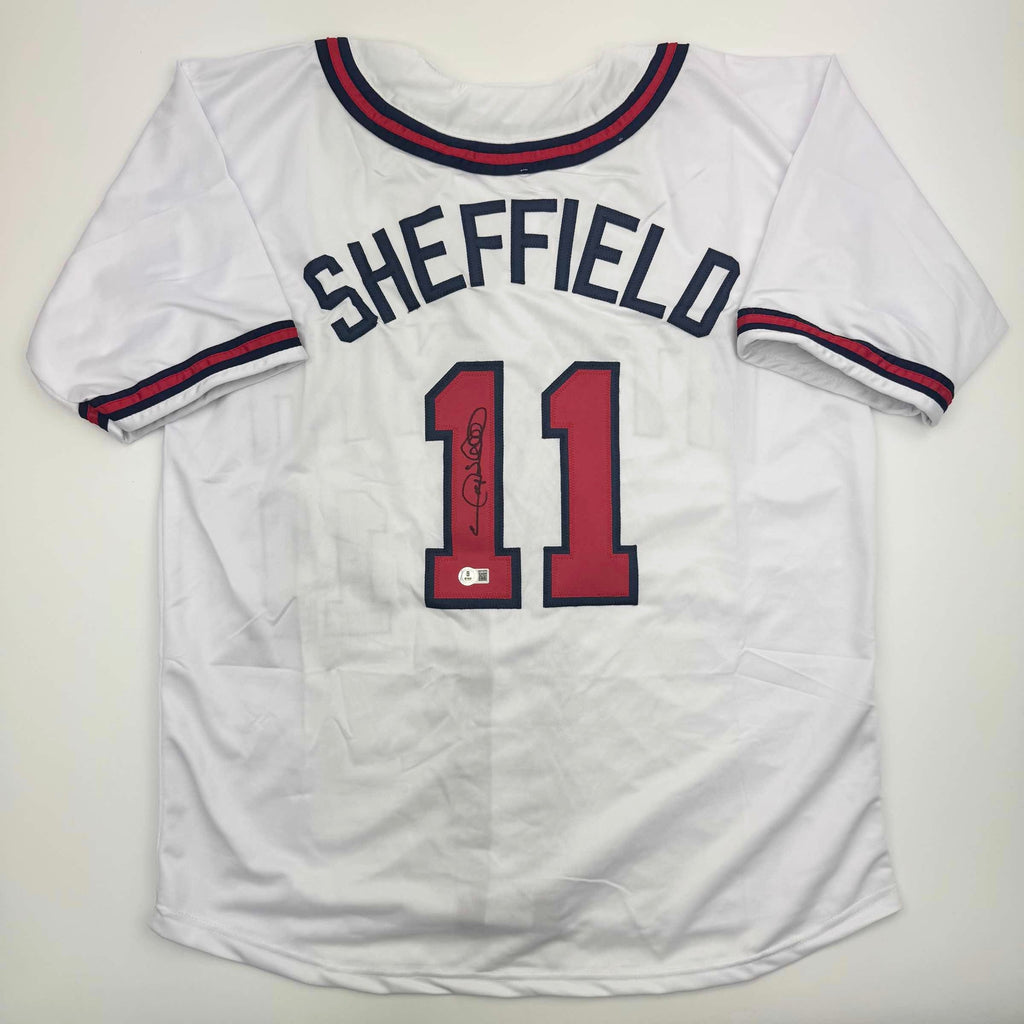 Autographed/Signed Gary Sheffield Atlanta White Baseball Jersey Beckett BAS COA