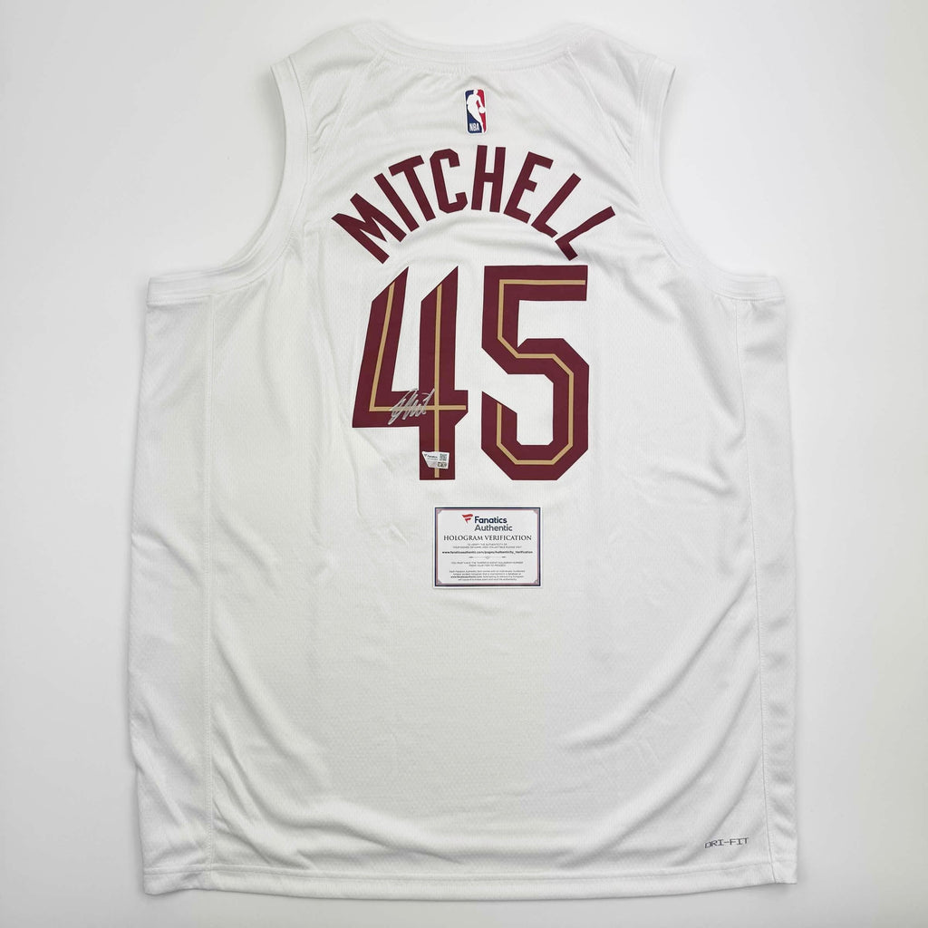 Autographed/Signed Donovan Mitchell Cleveland Cavaliers White Basketball Jersey Fanatics COA