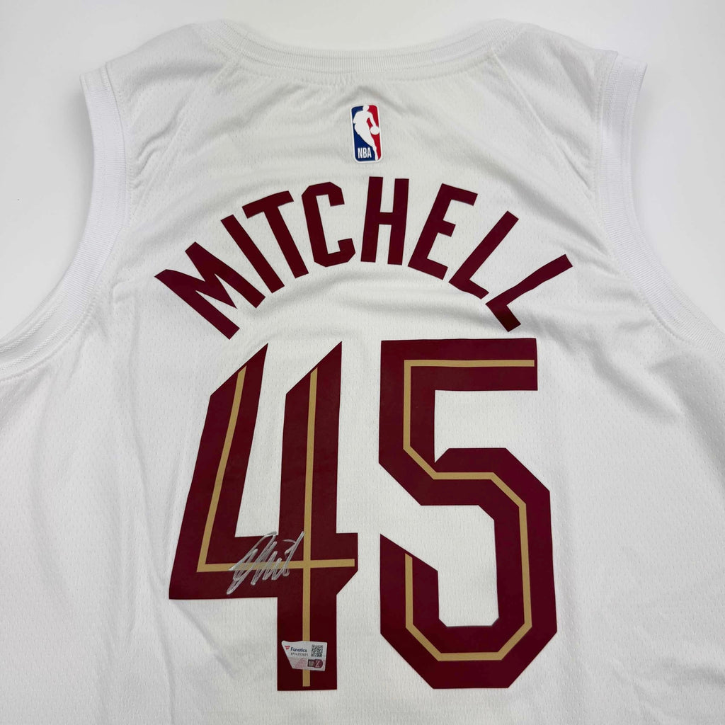Autographed/Signed Donovan Mitchell Cleveland Cavaliers White Basketball Jersey Fanatics COA