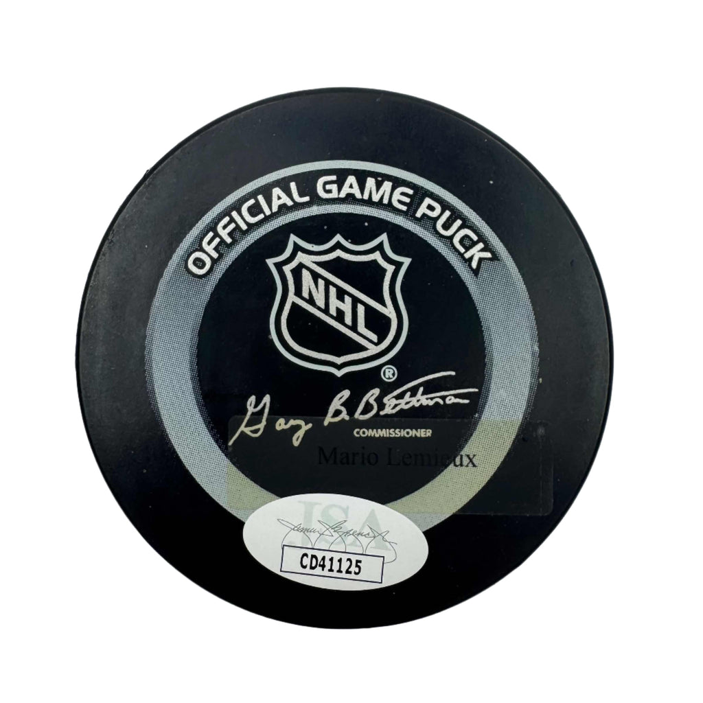 Autographed/Signed Mario Lemieux Pittsburgh Penguins Logo Hockey Puck JSA COA