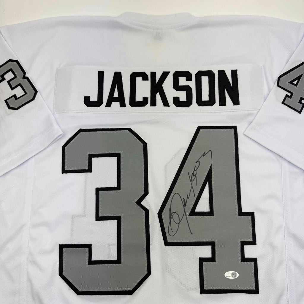 Autographed/Signed Bo Jackson Oakland White Color Rush Football Jersey JSA COA