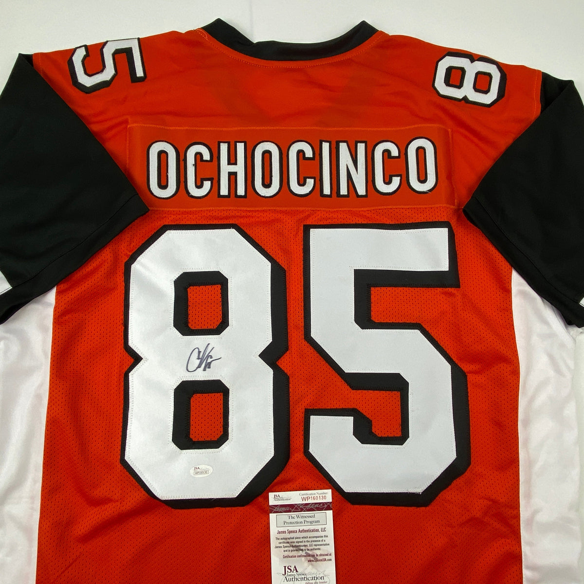 Autographed/Signed Chad Johnson Ochocinco Cincinnati Orange Retro Football Jersey JSA COA