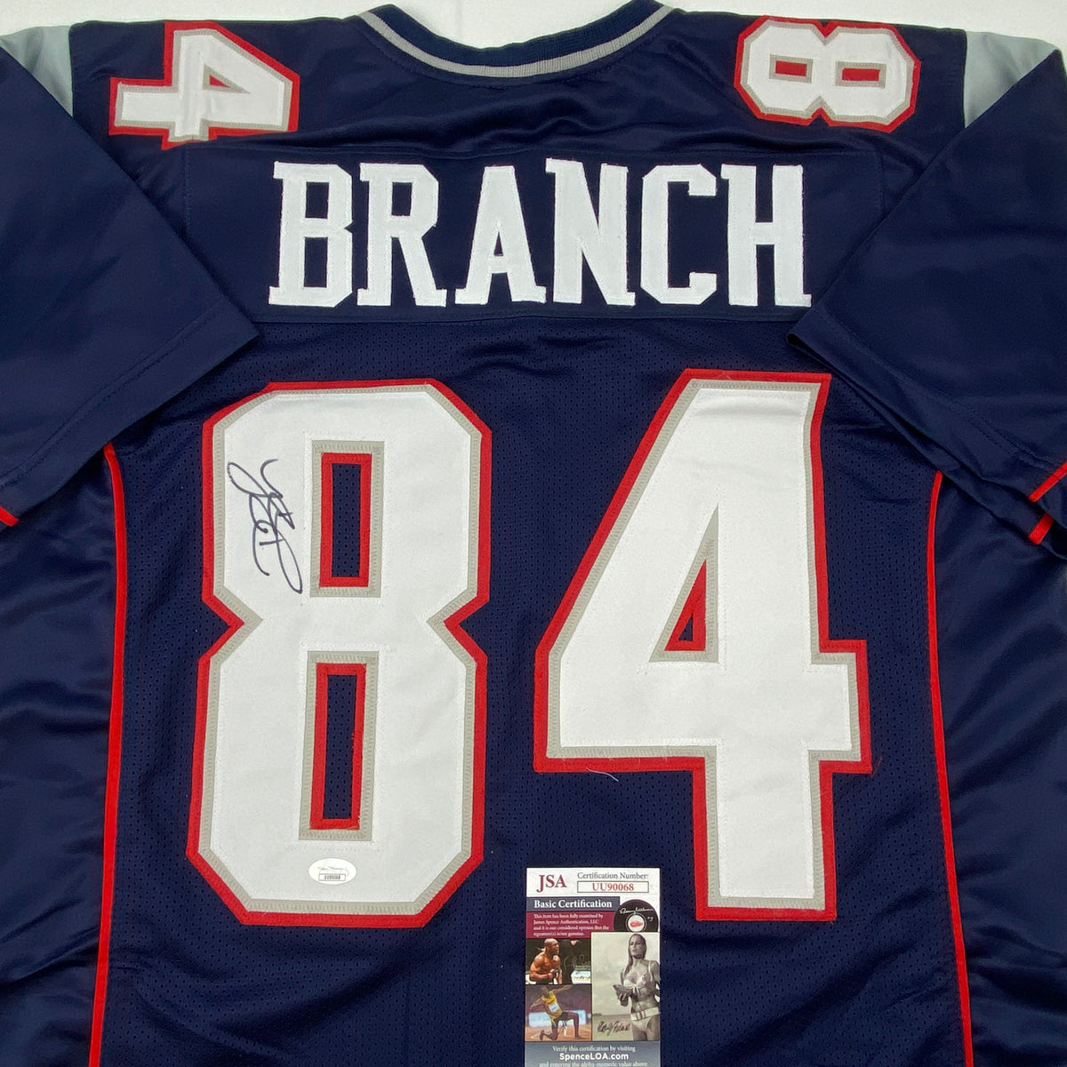Autographed/Signed Deion Branch #84 New England Blue Football Jersey JSA COA
