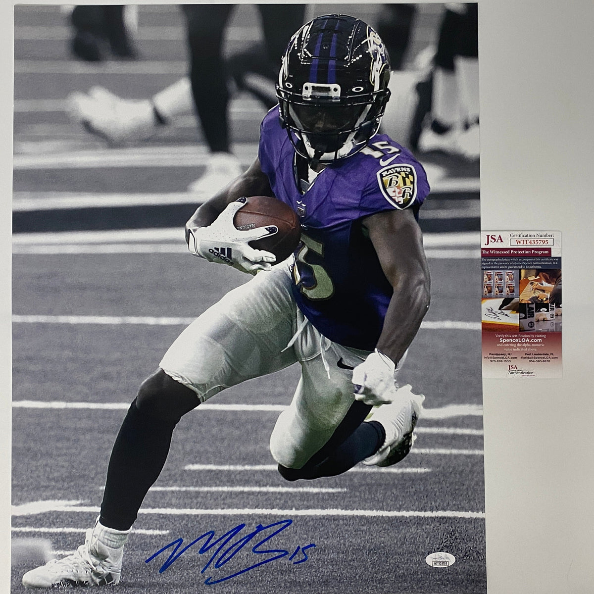 Autographed/Signed Marquise Brown Baltimore Ravens 16x20 Football Photo JSA COA #4
