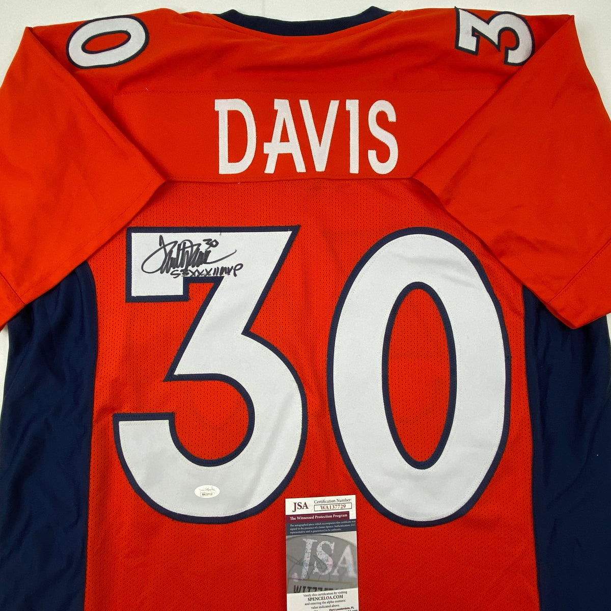 Autographed/Signed Terrell Davis SB XXXII MVP Denver Orange Football Jersey JSA COA