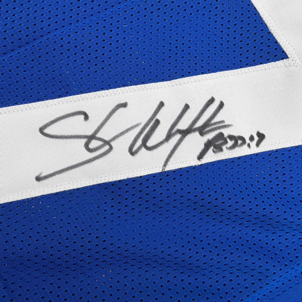 Autographed/Signed Shaun Alexander Seattle Blue Football Jersey Beckett BAS COA