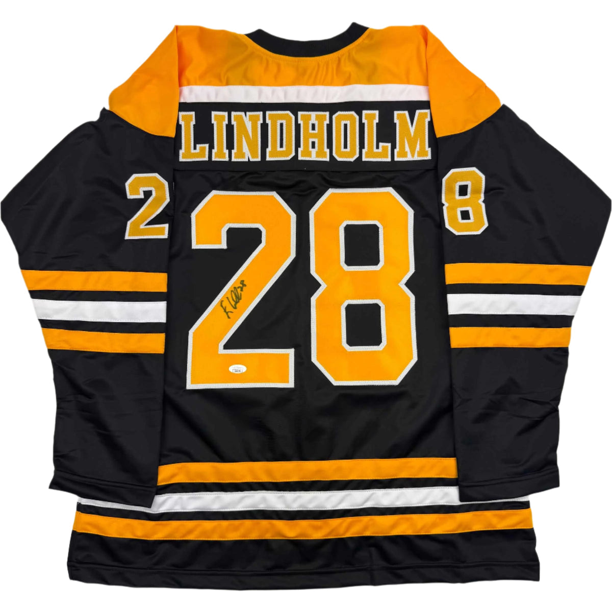 Autographed/Signed Elias Lindholm Boston Black Hockey Jersey JSA COA