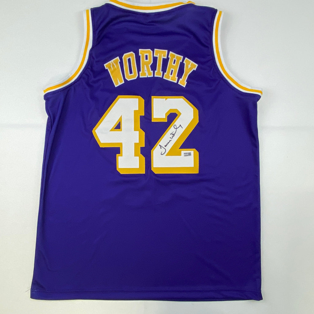 Autographed/Signed James Worthy Los Angeles LA Purple Basketball Jersey Steiner COA