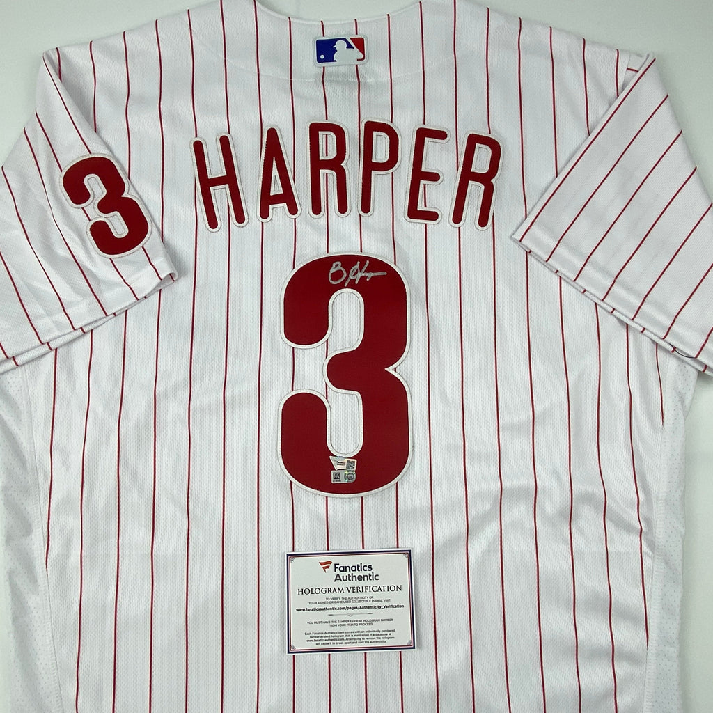 Autographed/Signed Bryce Harper Philadelphia Phillies Pinstripe Authentic Baseball Jersey Fanatics & MLB COA