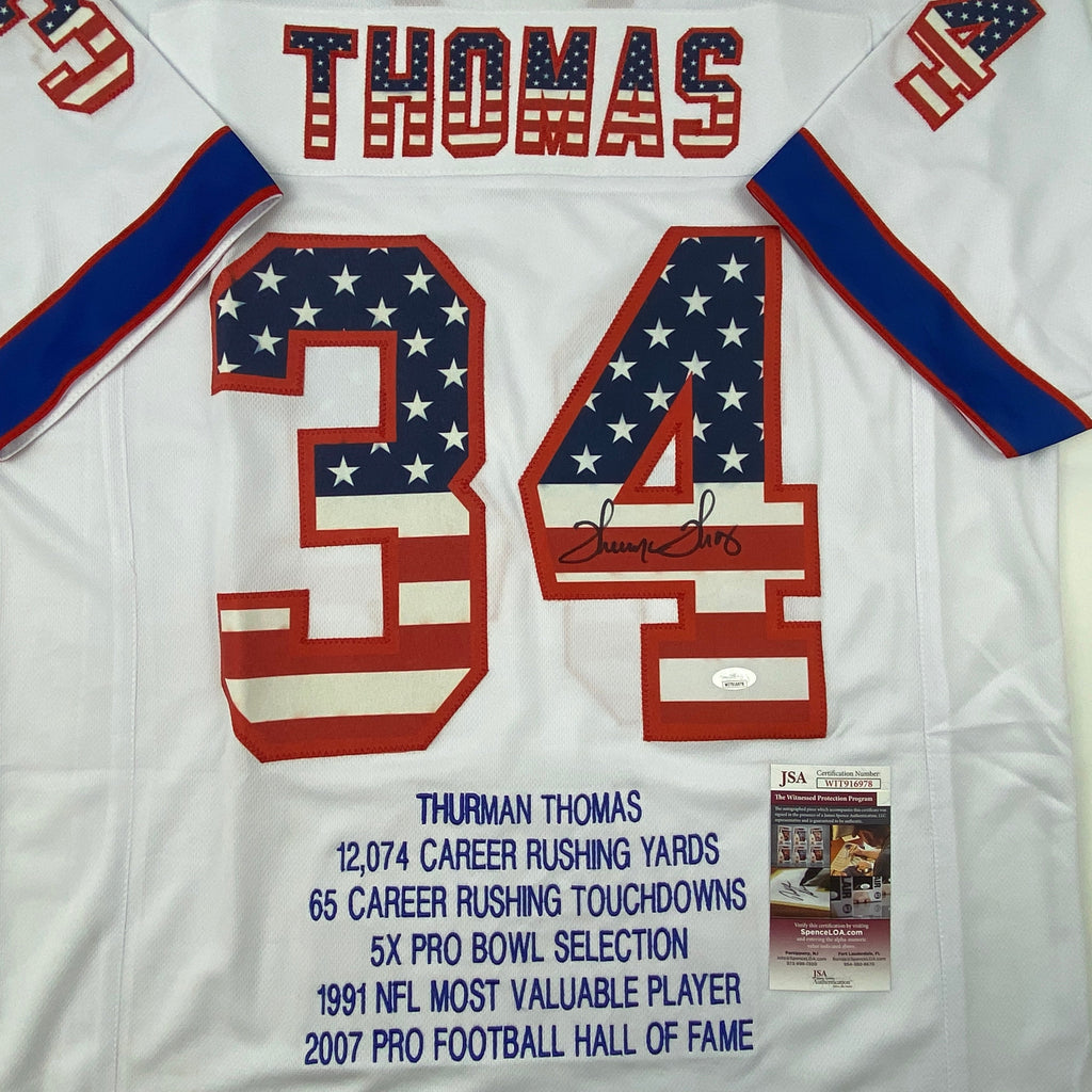 Autographed/Signed Thurman Thomas Buffalo White American Flag Football Jersey JSA COA