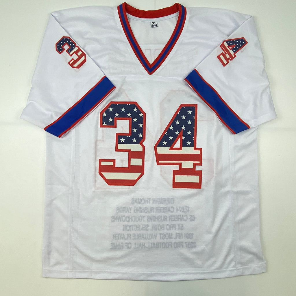 Autographed/Signed Thurman Thomas Buffalo White American Flag Football Jersey JSA COA