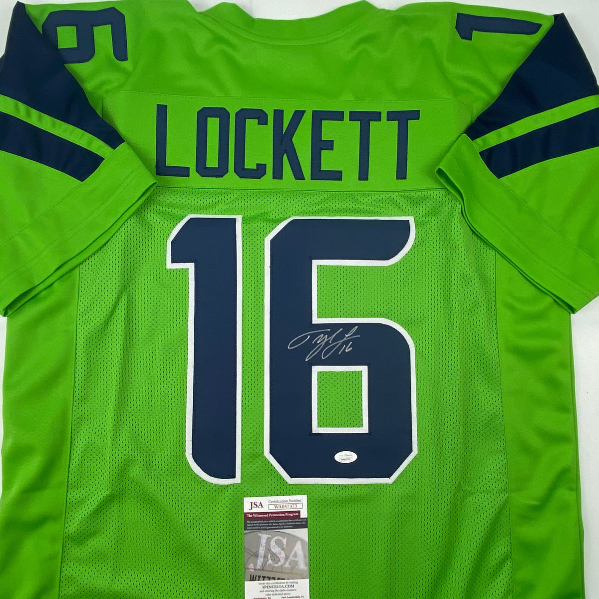 Autographed/Signed Tyler Lockett Seattle Green Color Rush Football Jersey JSA COA