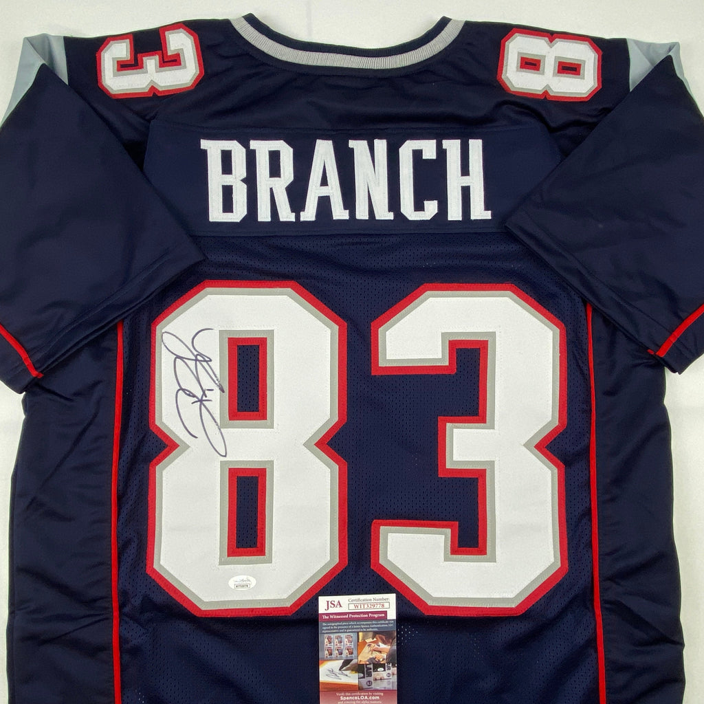 Autographed/Signed Deion Branch #83 New England Blue Football Jersey JSA COA