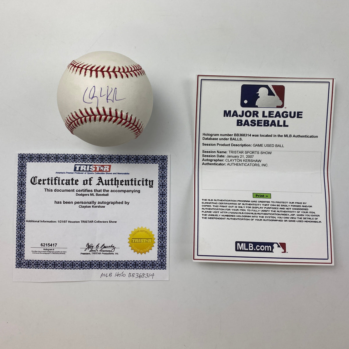 Autographed/Signed Clayton Kershaw Rawlings Official Major League Baseball ROML Tristar & MLB COA Auto