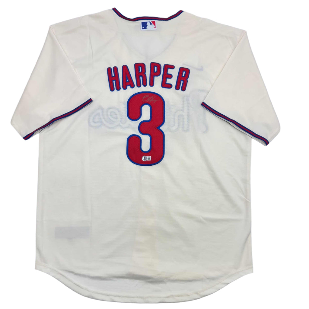 Autographed/Signed Bryce Harper Philadelphia Cream Baseball Jersey Beckett BAS COA