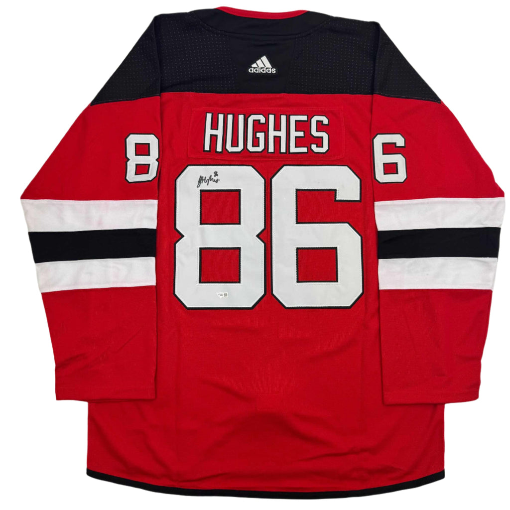 Autographed/Signed Jack Hughes New Jersey Devils Authentic Red Hockey Jersey Fanatics COA