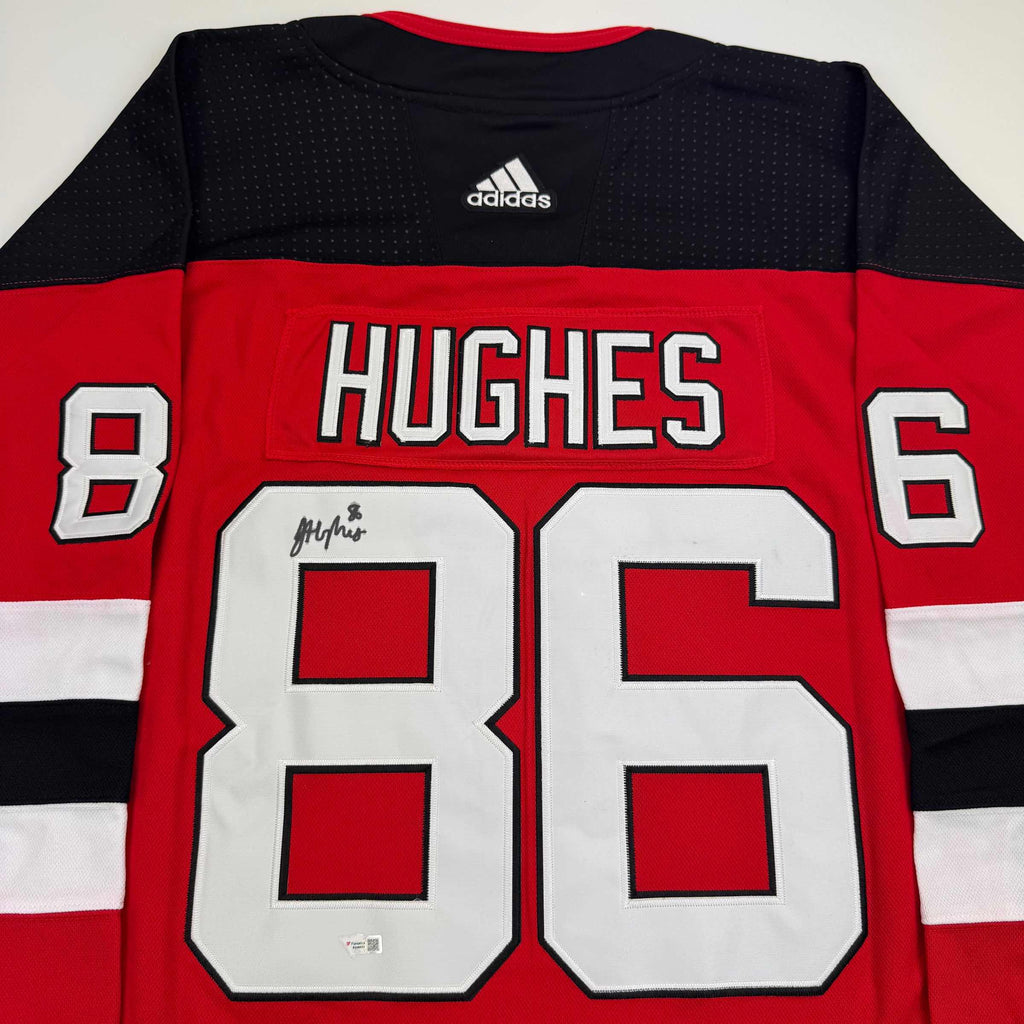 Autographed/Signed Jack Hughes New Jersey Devils Authentic Red Hockey Jersey Fanatics COA