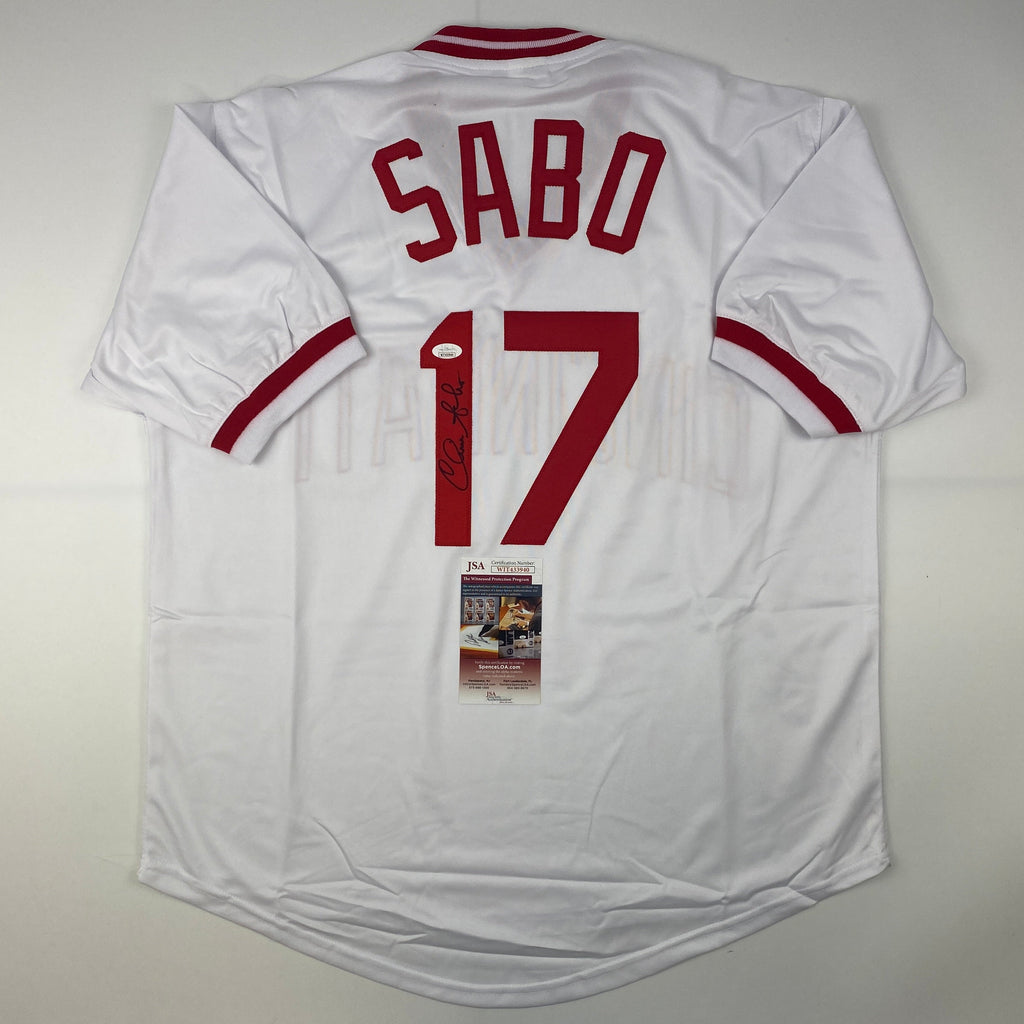 Autographed/Signed Chris Sabo Cincinnati White Baseball Jersey JSA COA