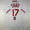 Autographed/Signed Chris Sabo Cincinnati White Baseball Jersey JSA COA