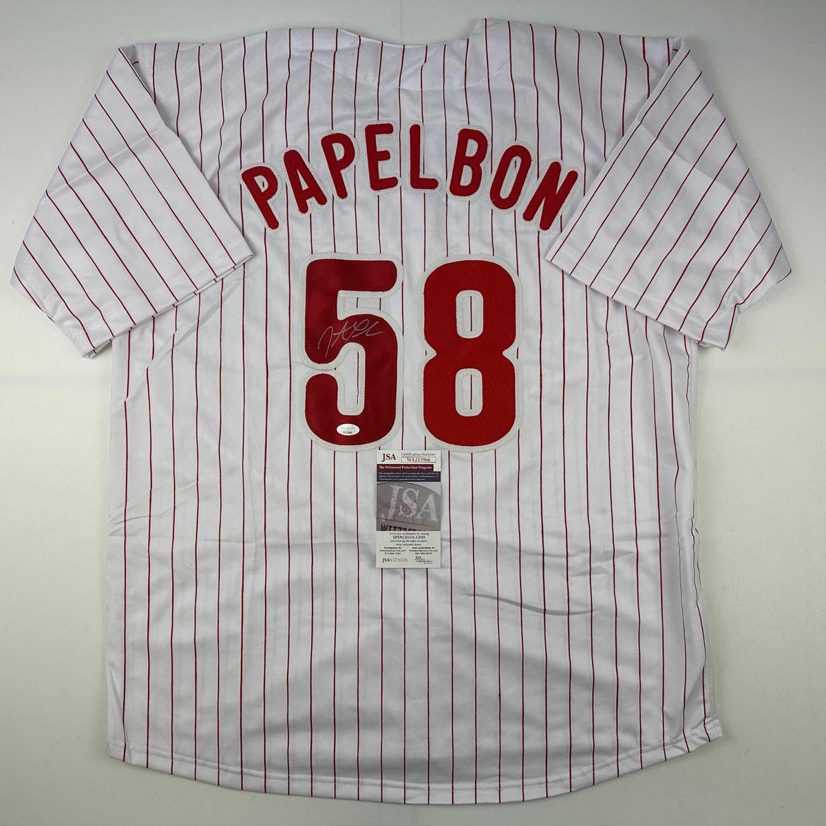 Autographed/Signed Jonathan Papelbon Philadelphia Pinstripe Baseball Jersey JSA COA