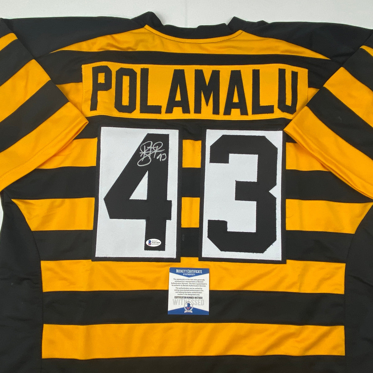 Autographed/Signed Troy Polamalu Pittsburgh Bumble Bee Football Jersey Beckett BAS COA