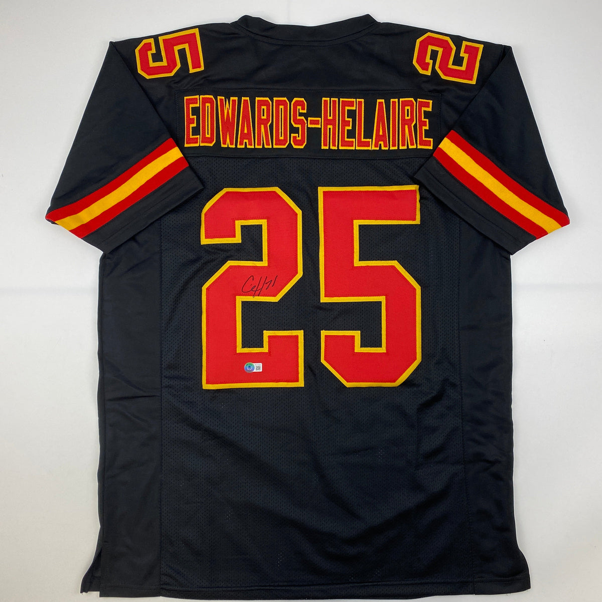 Autographed/Signed Clyde Edwards-Helaire Kansas City Black Football Jersey Beckett BAS COA