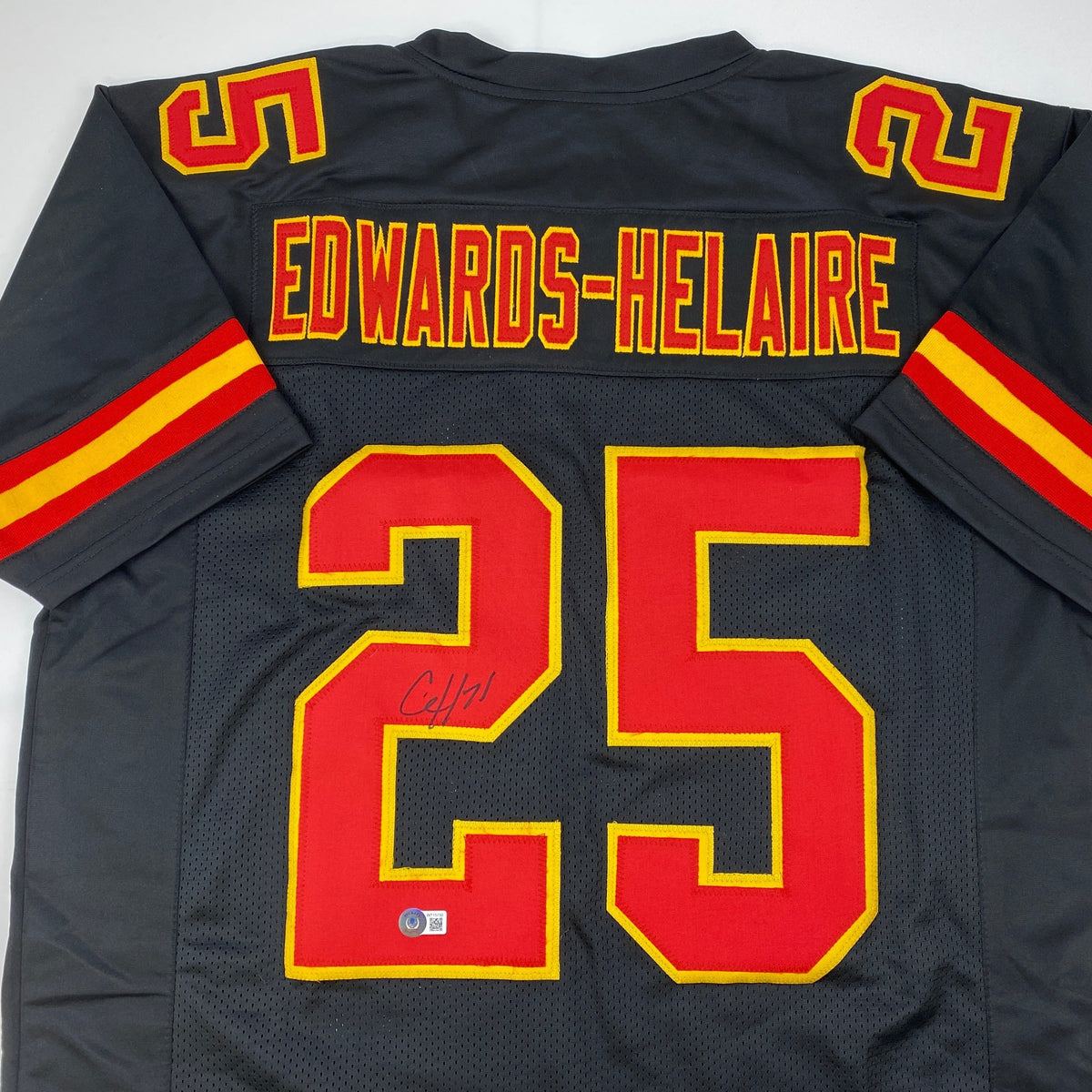 Autographed/Signed Clyde Edwards-Helaire Kansas City Black Football Jersey Beckett BAS COA