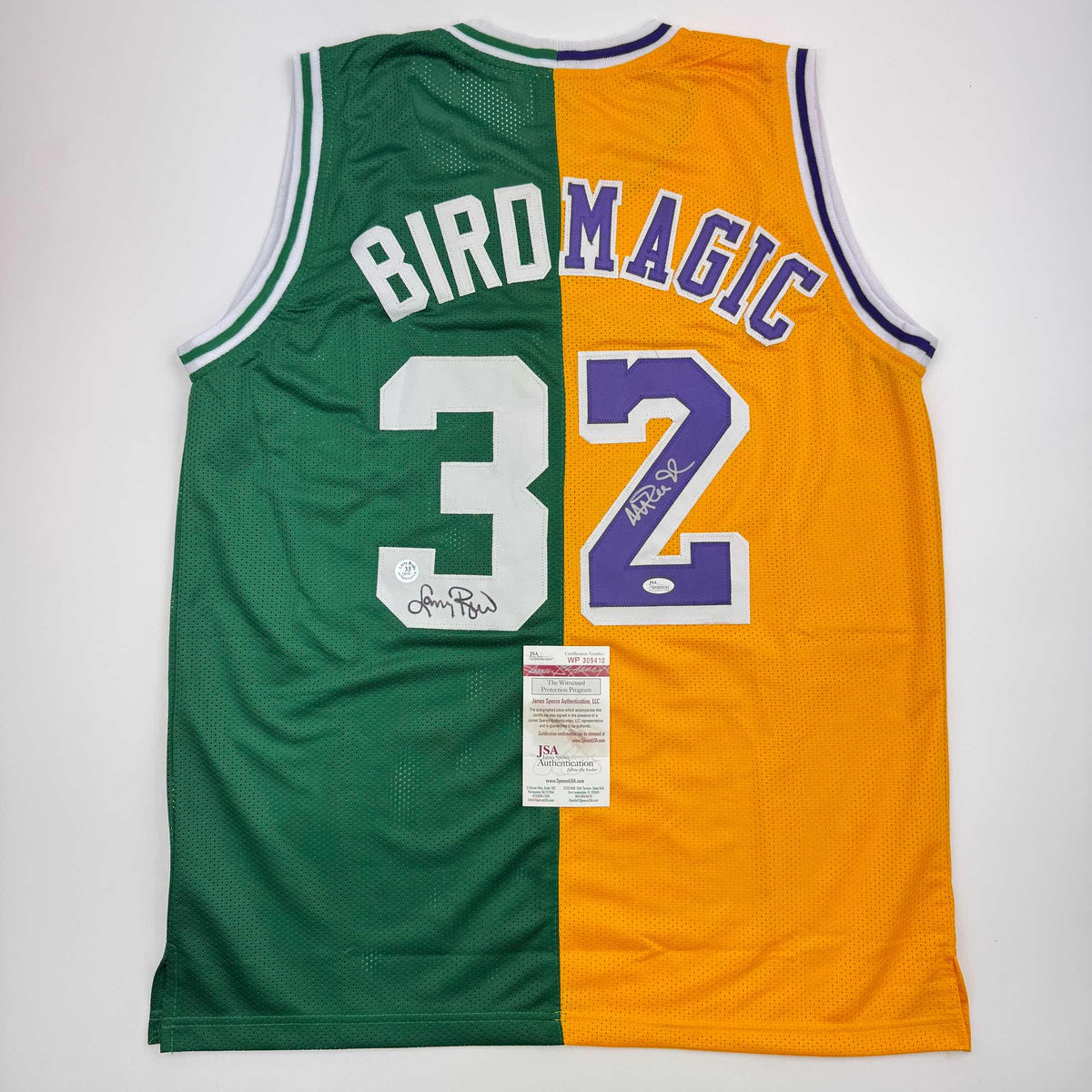 Autographed/Signed Larry Bird & Magic Johnson Dual Basketball Jersey JSA COA