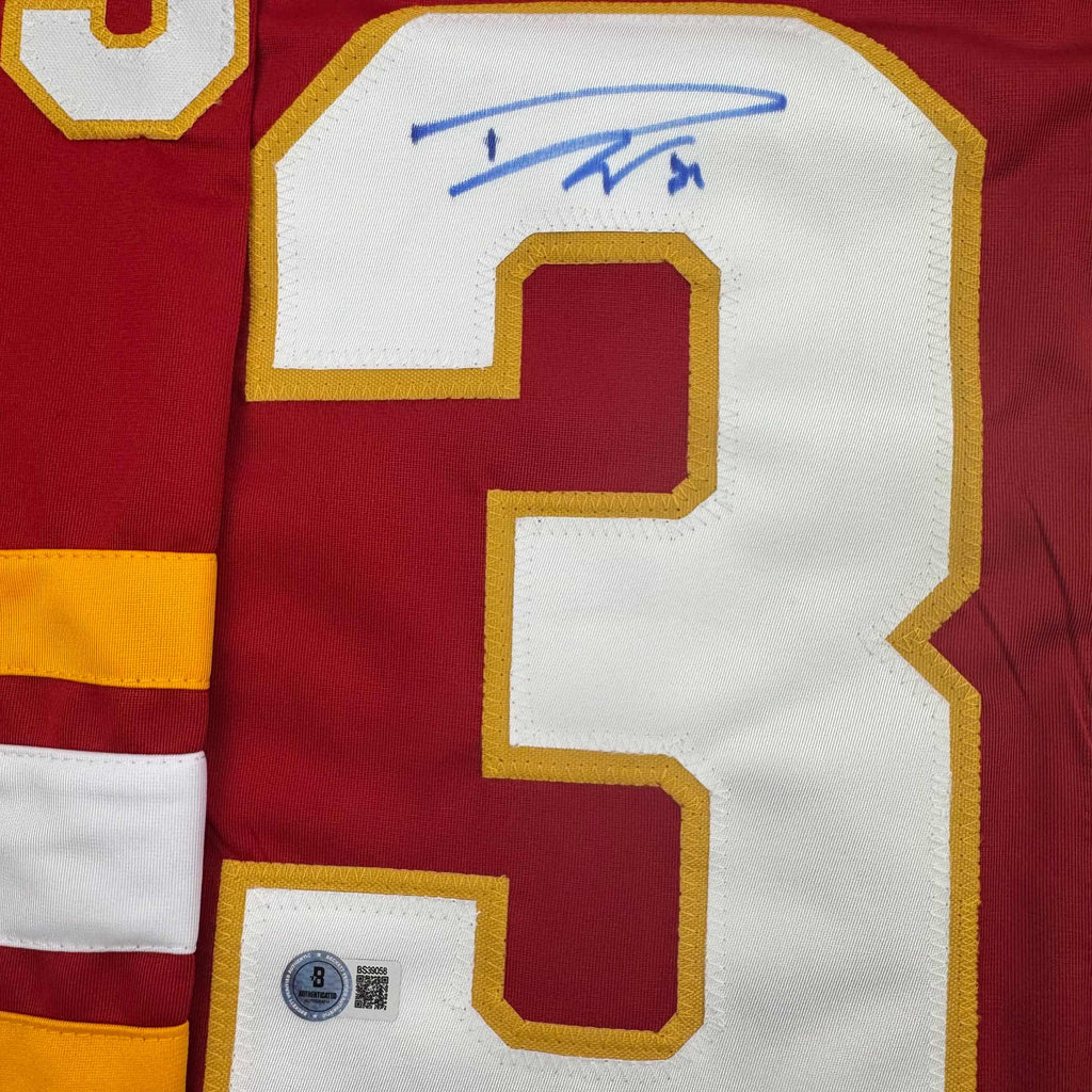 Autographed/Signed Dustin Wolf Calgary Red Hockey Jersey Beckett BAS COA