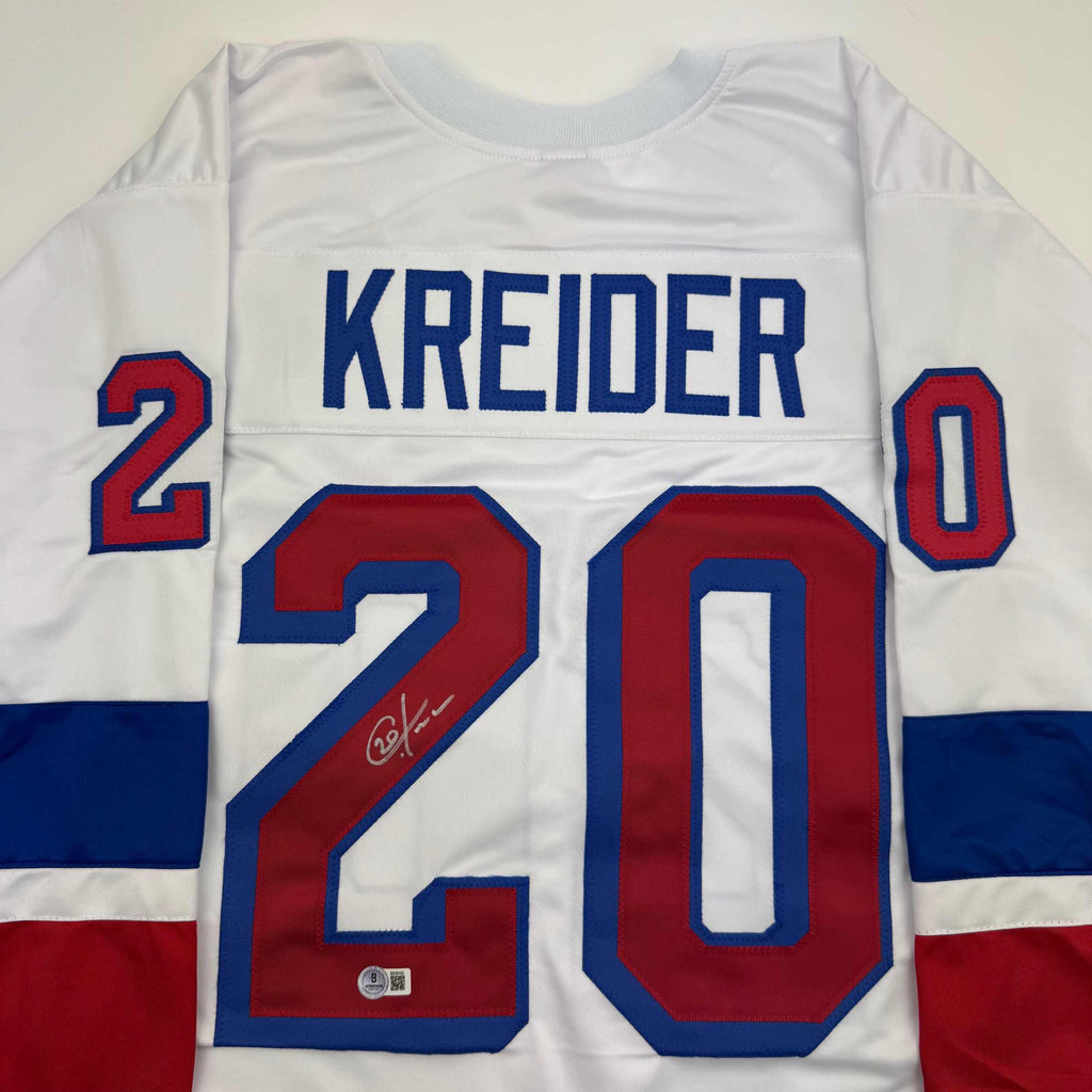 Autographed/Signed Chris Kreider New York White Hockey Jersey Beckett BAS COA