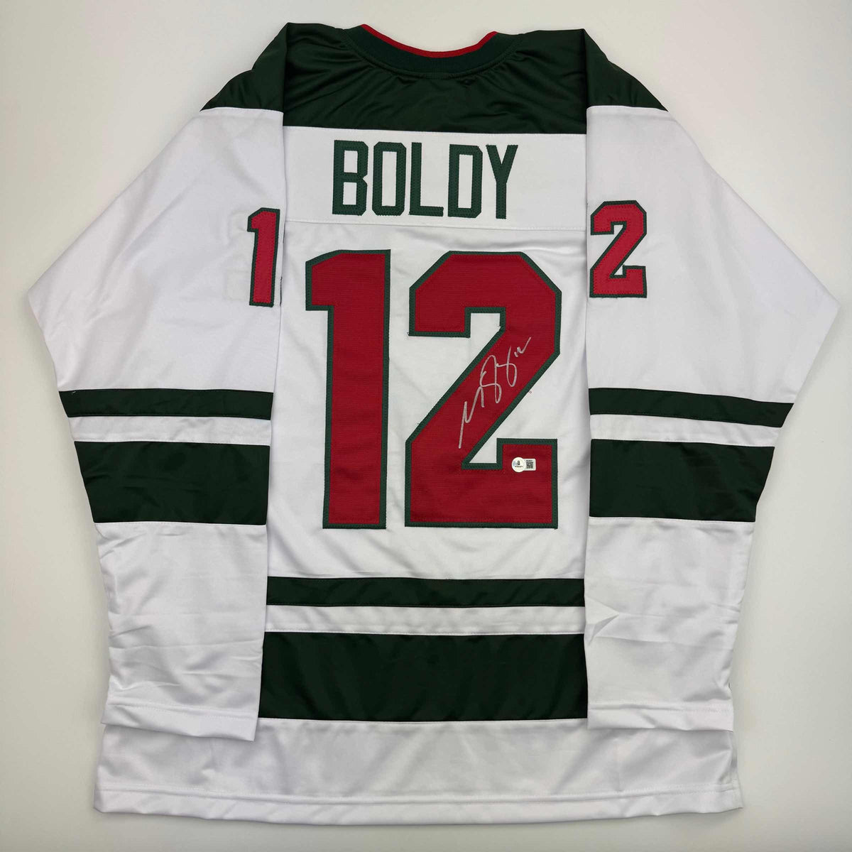 Autographed/Signed Matt Boldy Minnesota White Hockey Jersey Beckett BAS COA