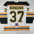 Autographed/Signed Patrice Bergeron Boston White Hockey Jersey JSA COA